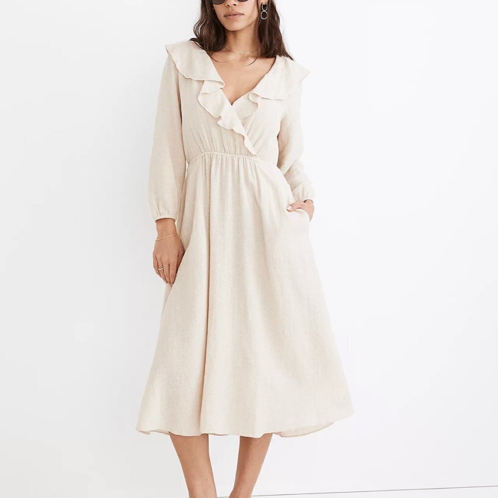 Madewell Linen Cotton Ruffle Neck Midi Dress NE740 M